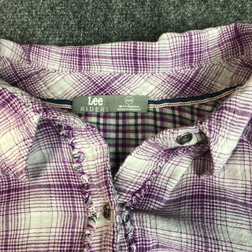 Lee Riders Womens 2X Plus Purple White Plaid Button Up Long Sleeve Shirt Ruffled - Picture 5 of 9